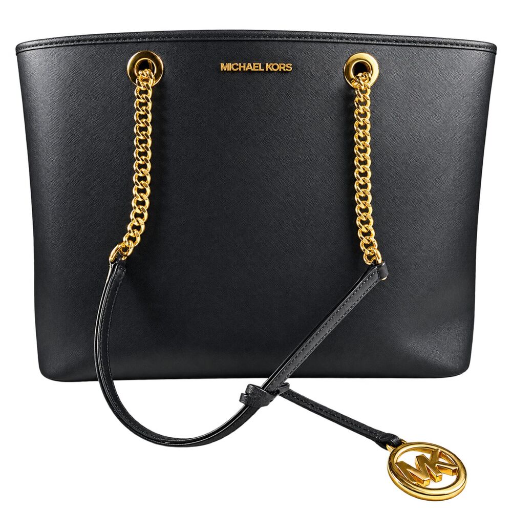 Michael Kors Jet Set Travel Tote Black Saffiano Leather Gold Chain Large